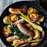 Cider braised sausages with apple, fennel and rosemary.