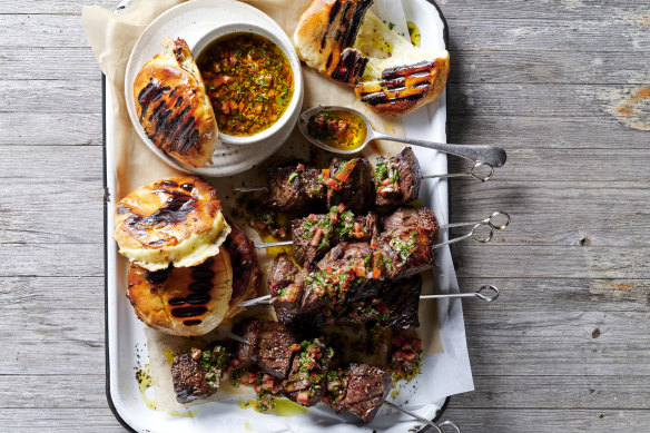 Marinated beef skewers are an ideal match for these cheese-filled flatbreads.