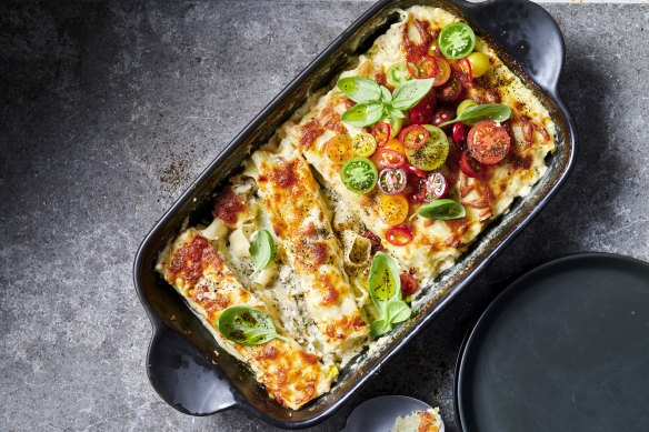 Chicken and ricotta cannelloni with tomato and chilli salad.