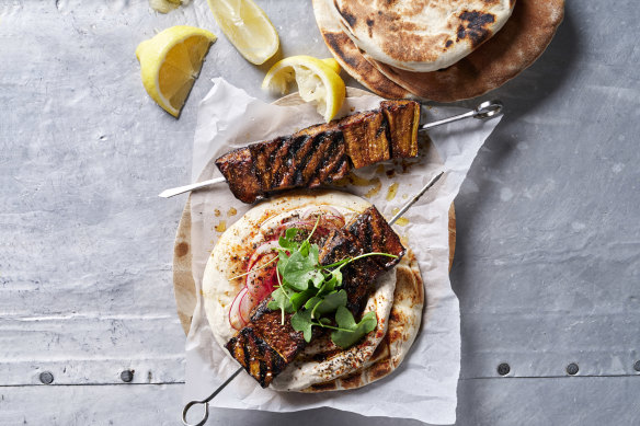 Grill-marked eggplant is the star of these meat-free shawarma wraps.