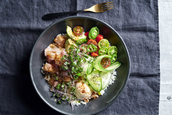 Mexican ceviche rice bowl.