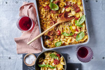 15-minute chickpea pasta with harissa and yoghurt.