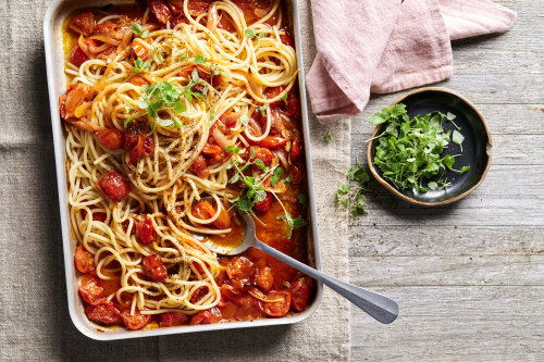 Sriracha, butter and roasted tomato noodles.