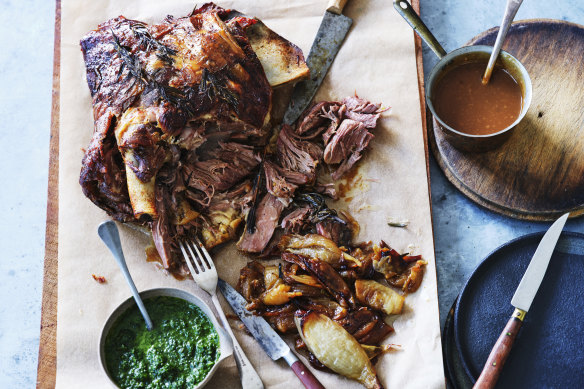 Adam Liaw’s roast lamb shoulder with mint sauce and gravy.