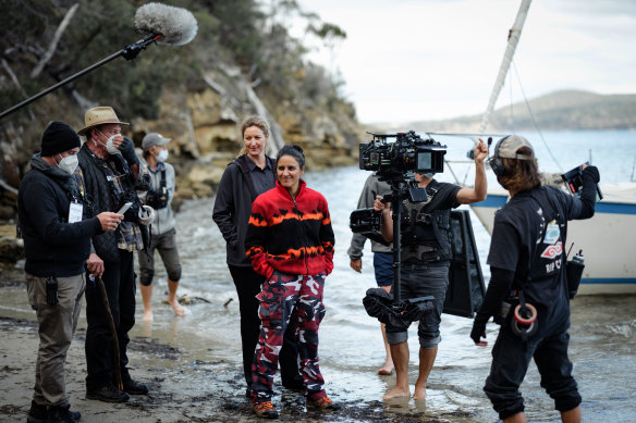 Kate Box and Madeleine Sami on the set of Deadloch. Creators Kate McLennan and Kate McCartney were initially drawn to Tasmania by the ‘Scandi-noir’ qualities of its landscape.