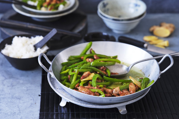 Adam Liaw’s pork and green capsicum stir-fry.