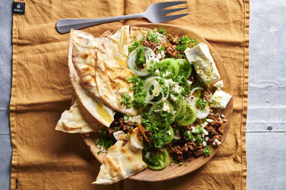 Green tomato and spicy lamb salad.