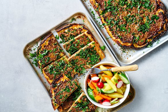 Spiced lamb flatbreads with quick chilli and vegetable pickle.