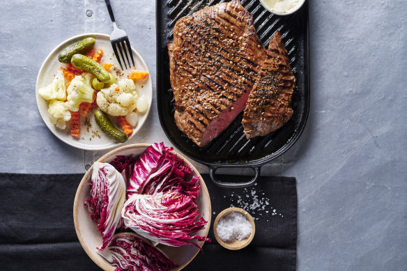 Grilled skirt steak with giardiniera relish and radicchio salad.