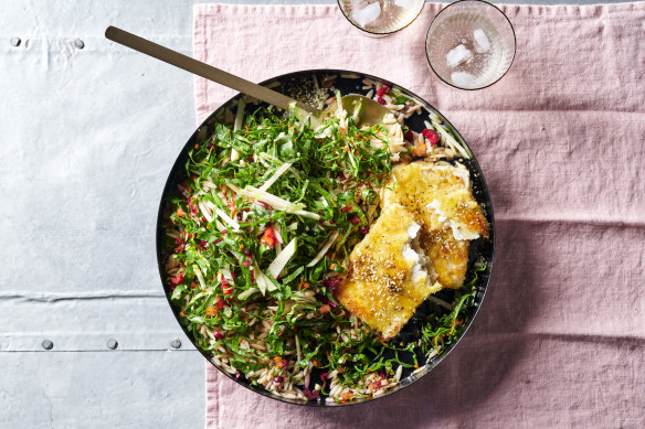 Rainbow chard and orzo salad with crispy feta.