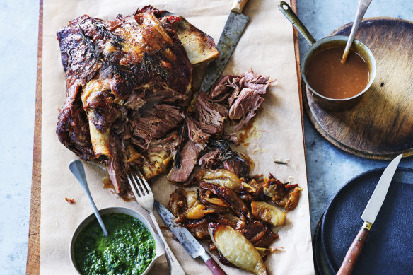 Adam Liaw’s roast lamb shoulder with modern mint sauce, onions and gravy.