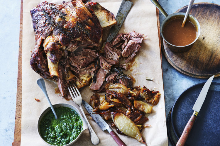 Adam Liaw’s roast lamb shoulder with mint sauce, onions and gravy.