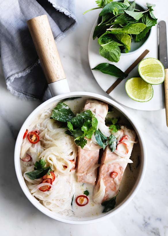 Adam Liaw’s salmon with coconut, milk glass noodles and herbs