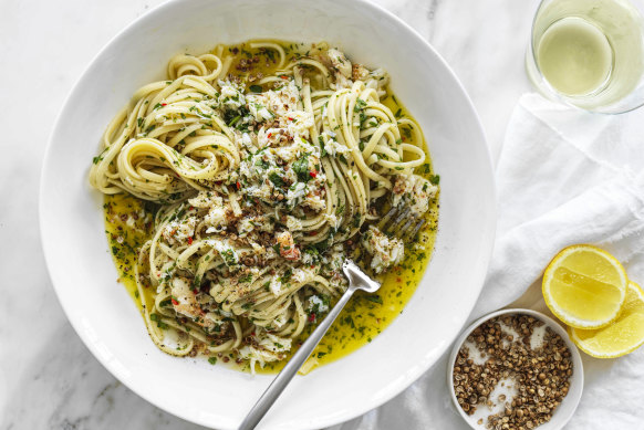 Spanner crab linguine with crushed coriander seeds.