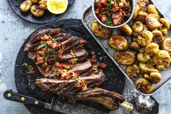 Grilled aged rib-eye with tomato salsa.