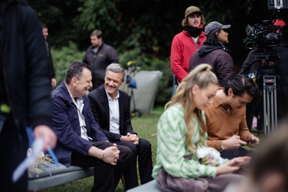 Good neighbours, good friends: Paul Keane and Stefan Dennis, both of whom appeared in the first and last episodes of Neighbours, enjoy a joke between takes.