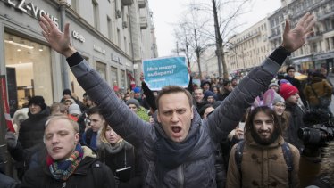 Opposition leader Alexei Navalny at a rally in Moscow in January. He has since been jailed, along with many of his supporters.