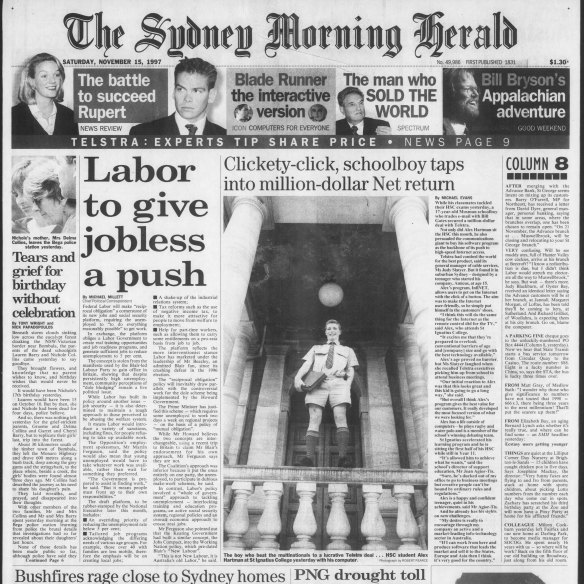 Alex Hartman on the front page of The Sydney Morning Herald on Saturday, November 15, 1997.