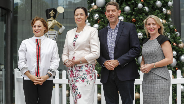 Premier Annastacia Palaszczuk and her economic team - Jackie Trad, Cameron Dick and Kate Jones - outside 1 William Street.