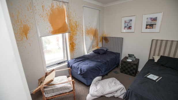 Capsicum spray on the walls of a Werribee property after police were attacked while breaking up an out-of-control party. 