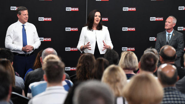 Queensland Premier Annastacia Palaszczuk, Leader of the Opposition Tim Nicholls and One Nation's Steve Dickson during a leaders debate in Brisbane on Thursday.