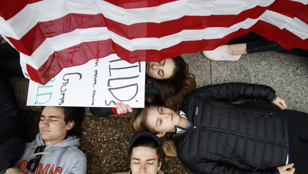 Anna Hurley, 15, of Washington, top, and other demonstrators participate in a "lie-in" during a protest in favour of gun control reform in front of the White House.