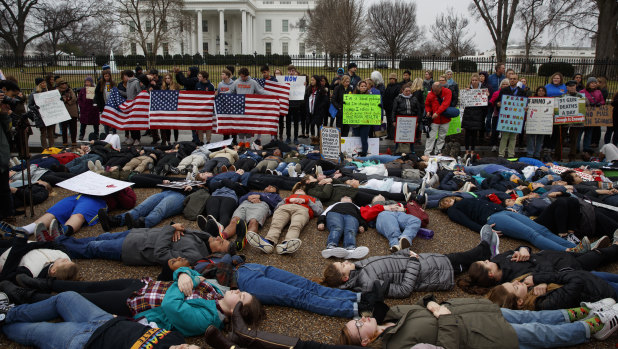 Demonstrators participate in a "lie-in" during a protest in favour of gun control reform in front of the White House.