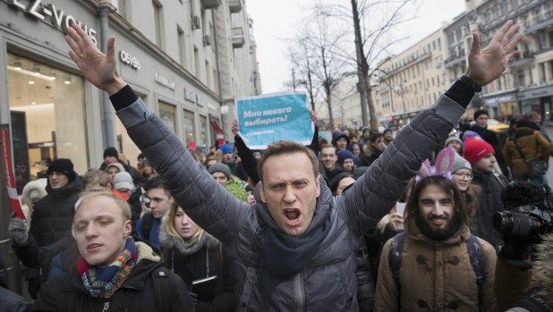 Opposition leader Alexei Navalny at a rally in Moscow in January. He has since been jailed, along with many of his supporters.