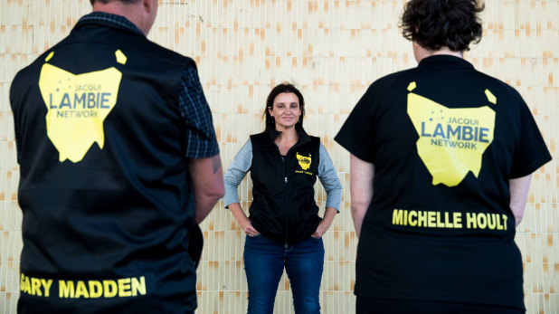 Jacqui Lambie in Launceston with candidates Gary Madden and Michelle Hoult, who are running in the Tasmanian state election for her party, the Jacqui Lambie Network.