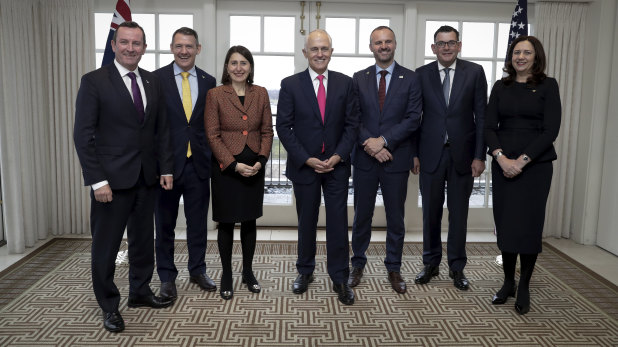 Annastacia Palaszczuk (far right) with (from left) WA Premier Mark McGowan, NT Chief Minister Michael Gunner, NSW Premier Gladys Berejiklian, Prime Minister Malcolm Turnbull, ACT Chief Minister Andrew Barr and Victorian Premier Daniel Andrews before a meeting with a CEO delegation, during the Prime Minister’s official visit to Washington DC on Friday.
