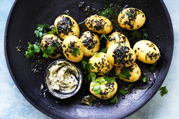 New potatoes with seaweed and garlic butter.