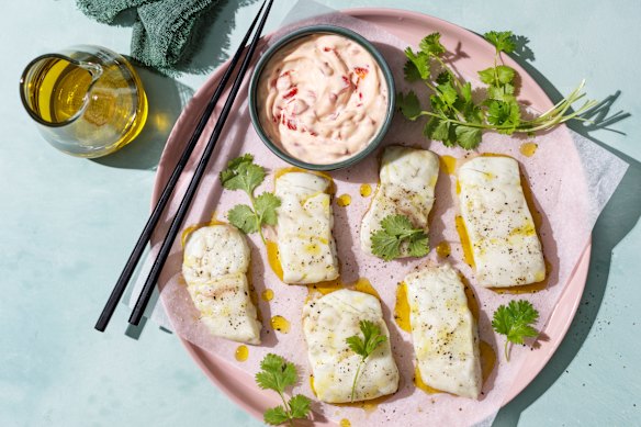 Snapper is baked briefly in olive oil and served with roasted pepper mayonnaise.