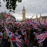 Protesters gather at Parliament Square during the far right Unite the Kingdom march in London, Saturday, May 16, 2026.(AP 