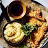The classic schnitzel gets a Japanese twist with this sushi vinegar powder and panko crumb, plus wasabi mash.
