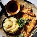 The classic schnitzel gets a Japanese twist with this sushi vinegar powder and panko crumb, plus wasabi mash.