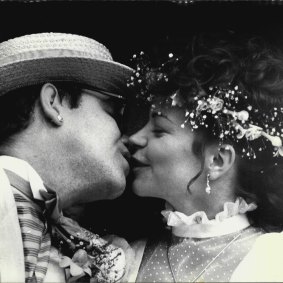 Renate Blauel, in a Keri Craig dress, at her wedding to Elton John in 1984. 