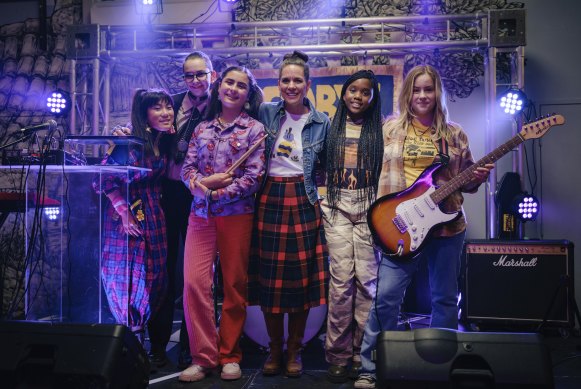 The cast of Turn Up the Volume (from left) Riya Mandrawa, Erza James, Mira Russo, Michala Banas, Ayiana Ncube and Elaine King.