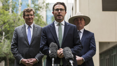 David Littleproud speaks in February, with then deputy prime minister Barnaby Joyce to his left.