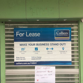 A protest sign on the former Doughnut Time store at Manly, Sydney on Monday, March 05, 2018.