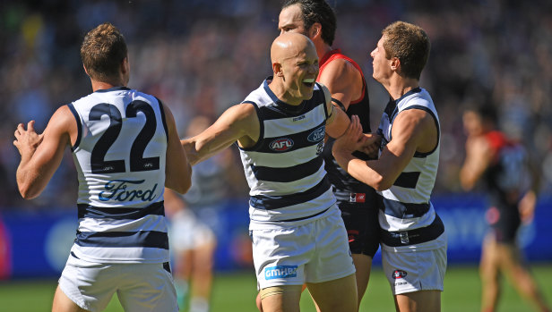 Ablett reacts after kicking a goal in the first quarter of his Geelong return. 
