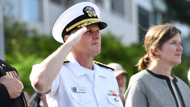 Vice-Admiral Phillip G. Sawyer (left) and United States Consul General Valerie Fowler attend a ceremony at the Submariner's Walk Heritage Trail in Brisbane on Wednesday.