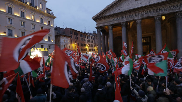 Far-right CasaPound party activists hold a final rally near Rome's Pantheon.