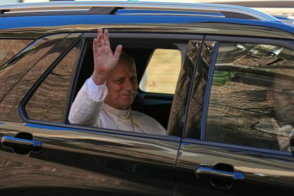 Pope Leo XIV leaving the Vatican for surgery on Tuesday.