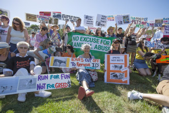 Protesters at the Anti-Greyhound Racing Rally at Sydney Park, St Peters on Saturday.