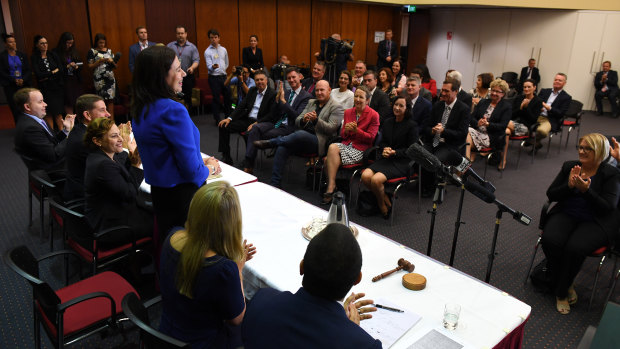 The Premier addressing the Labor caucus on Monday.
