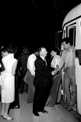 The Rev. Ted Noffs of Kings Cross welcomes Charles Perkins back to Sydney on February 26, 1965