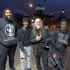 George Gittoes at work on the film in Chicago with (from left) artist Darius Marcus Ford, Li'l Dave and Boozie.