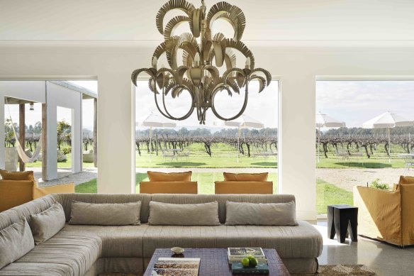 One of the communal guest lounges overlooking the vines at the newly renovated Lancemore Milawa.

