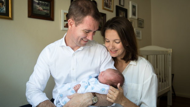 Labor candidate for the federal seat of Reid, Sam Crosby, with his wife, Rose Jackson, and newborn son Oscar.