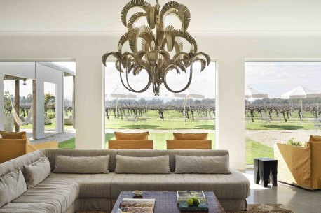 One of the communal guest lounges overlooking the vines at the newly renovated Lancemore Milawa.